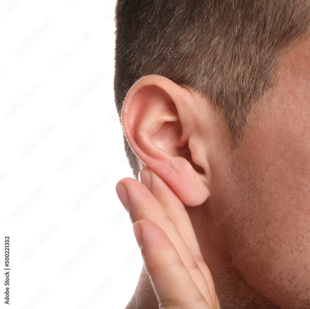 Man showing hand to ear gesture on white background, closeup Man showing hand to ear gesture on white background, closeup