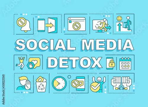 Social media detox word concepts blue banner. Coping with addiction. Infographics with icons on color background. Isolated typography. Vector illustration with text. Arial-Black font used