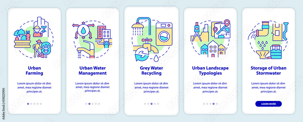 Water and biodiversity in green urbanism onboarding mobile app screen. Walkthrough 5 steps graphic instructions pages with linear concepts. UI, UX, GUI template. Myriad Pro-Bold, Regular fonts used