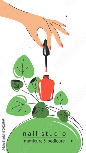 Nail polish and female hand. Design layout nail studio for social media posts and stories, mobile apps. Vector illustrations