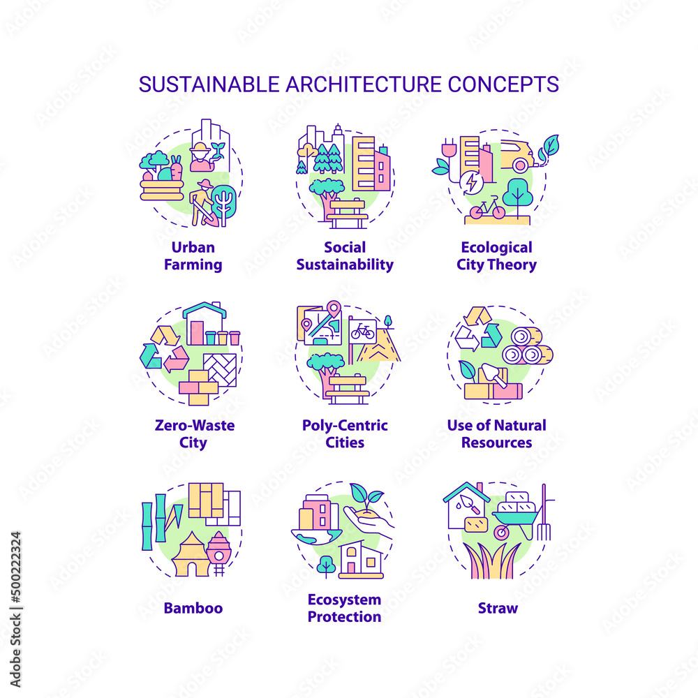 Fototapeta premium Sustainable architecture concept icons set. Ecological city theory idea thin line color illustrations. Natural resources. Isolated symbols. Editable stroke. Roboto-Medium, Myriad Pro-Bold fonts used