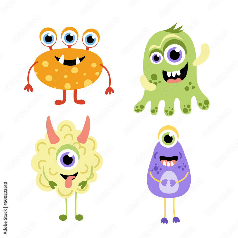 Monsters set. Cute jolly colorful monsters. Flat, cartoon, vector Monsters set. Cute jolly colorful monsters. Flat, cartoon, vector