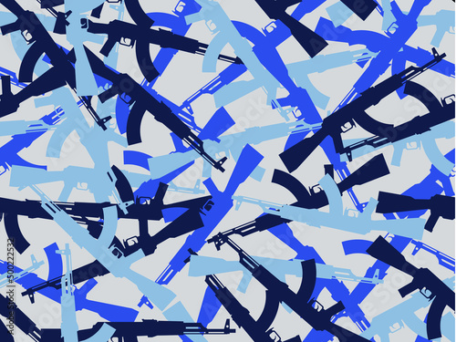 Camouflage endless vector pattern AK-47 assault rifle, 3/4 format. Vector camouflage from AK-47 for print, limitless. Ice shades