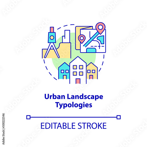 Urban landscape typologies concept icon. Water and biodiversity in green urbanism abstract idea thin line illustration. Isolated outline drawing. Editable stroke. Arial, Myriad Pro-Bold fonts used photo