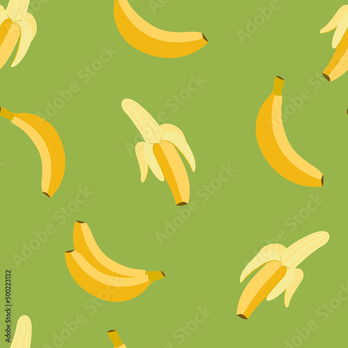Banana seamless patterns. Peeled banana on green. Flat, vector
