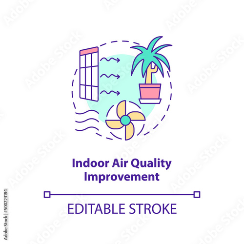 Indoor air quality improvement concept icon. Eco-friendly architecture principle abstract idea thin line illustration. Isolated outline drawing. Editable stroke. Arial, Myriad Pro-Bold fonts used