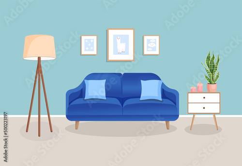 Modern living room interior with furniture and home plants. Design of a cozy room with a sofa, plants and decor items. Vector flat style illustration. lounge room.