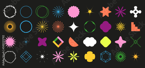Set of Various Geometric shapes for web, advertisement, commercial banner, poster, leaflet, billboard, sale. Different Figures. Elements of decorations, sparkles, stars, frames, geometric flowers etc.