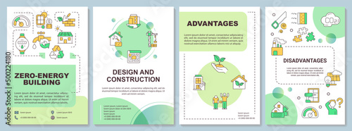 Zero emission building green brochure template. Advantages, drawbacks. Leaflet design with linear icons. 4 vector layouts for presentation, annual reports. Arial-Bold, Myriad Pro-Regular fonts used