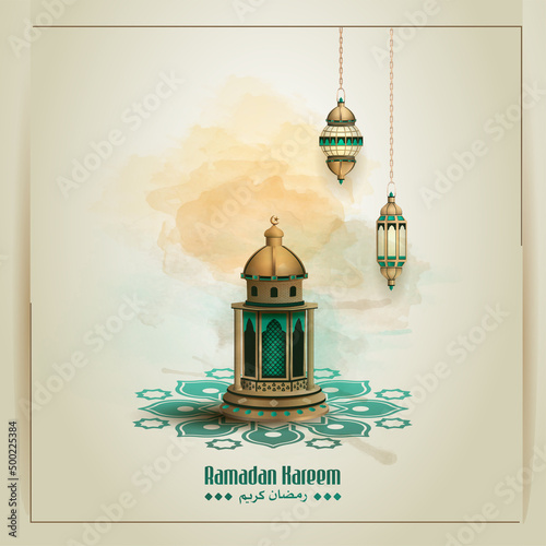 islamic greetings ramadan kareem card design template background with beautiful lanterns