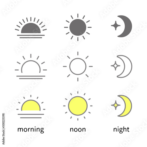 Fotografia 太陽と月の朝昼晩の時間、日の出と日中と夜間のベクターアイコンイラスト素材