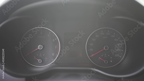 Scoreboard of indicators of automobile. Speedometer and tachometer. On-board car computer 4K 10 BIT