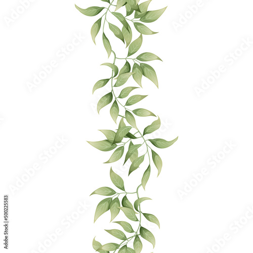 Vertical seamless border with green leaves. Asian plants. Botanical flower illustration for wedding design, wallpaper, advertising.