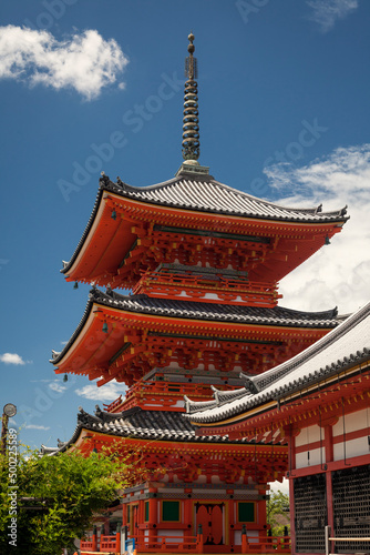 The red Sanjunoto pagoda in Kiyomizu-Dera Buddhist Temple, Kyoto