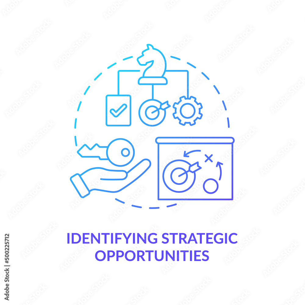 Vecteur Stock Identifying strategic opportunities blue gradient concept  icon. Business analytics task abstract idea thin line illustration.  Brainstorming session. Isolated outline drawing. Myriad Pro-Bold font used  | Adobe Stock