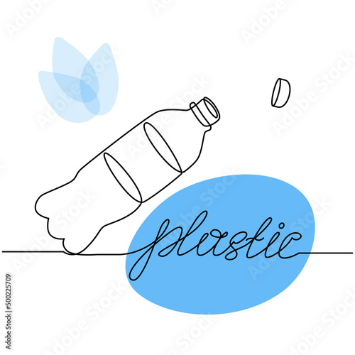 Concept of Recycle plastic. One continuous line drawing of minimalist Plastic Bottle drink with lid and lettering word Plastic. Vector line art