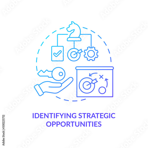 Identifying strategic opportunities blue gradient concept icon. Business analytics task abstract idea thin line illustration. Brainstorming session. Isolated outline drawing. Myriad Pro-Bold font used