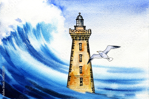 watercolour lighthouse in sea wave, seagull, dark blue ocean, hand darwn illustration photo