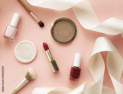 Obraz na plátně Beauty, make-up and cosmetics flatlay design with copyspace, cosmetic products a