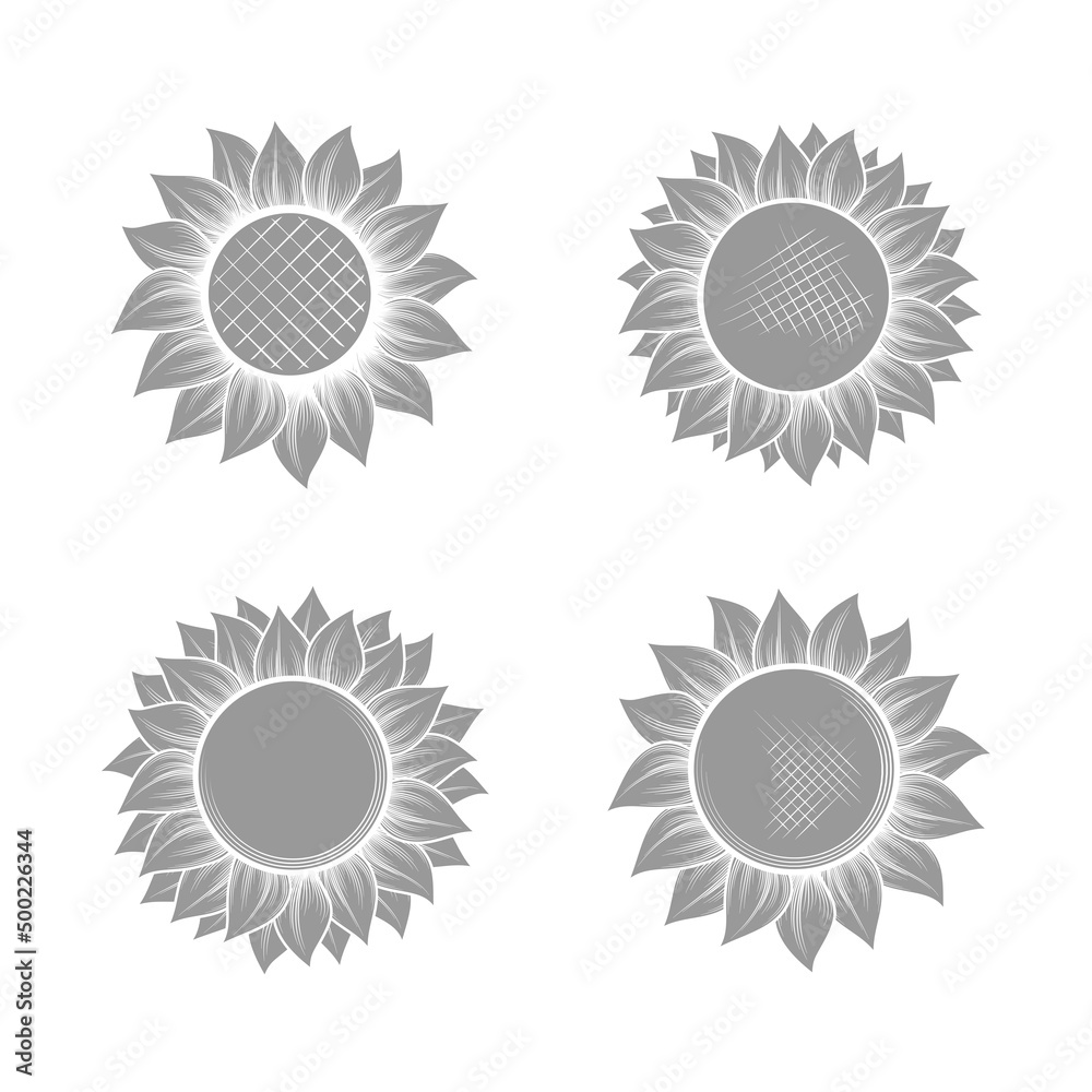 Grey sunflowers silhouettes set