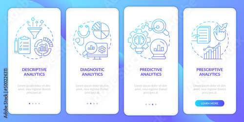 Variety of data analytics blue gradient onboarding mobile app screen. Walkthrough 4 steps graphic instructions pages with linear concepts. UI, UX, GUI template. Myriad Pro-Bold, Regular fonts used photo