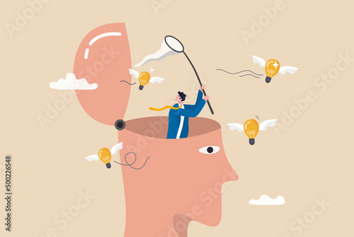 New creative idea thinking process, contemplation or ideation for solution or innovation, development or learn skills concept, businessman open his head to using butterfly net to cat light bulb idea.