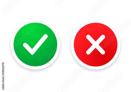 Yes or no icon. Green tick symbol and red cross sign in circle. Checkmark and check icon. Approval. Like and dislike icon. X or approve or deny line art vector icon for apps and websites and ui ux. photo