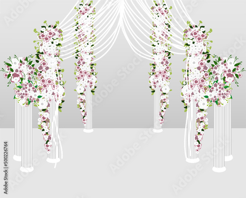 decorated hall for wedding ceremony. flowers hang on white tall columns