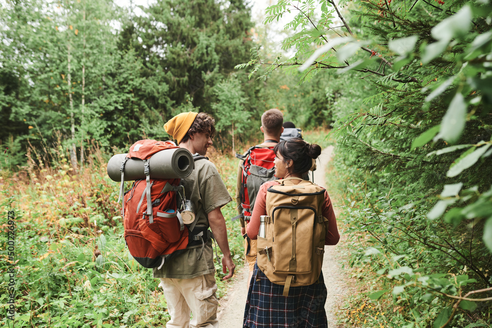Rear view of young people with backpacks walking along path in forest and talking during hike