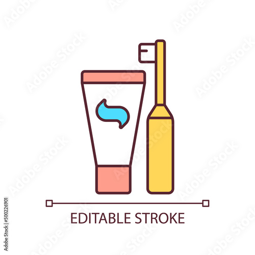 Toothpaste and brush RGB color icon. Oral cavity hygiene items. Everyday morning routine. Isolated vector illustration. Simple filled line drawing. Editable stroke. Arial font used