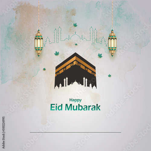 Islamic greetings eid mubarak background design with beautiful holy kaaba and lanterns