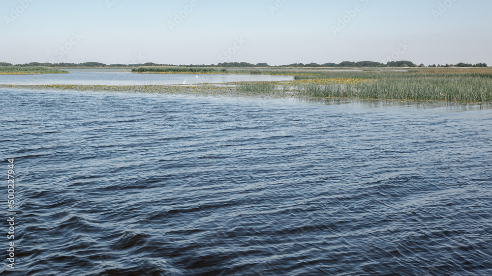 Shallow water and white winches in the distance.