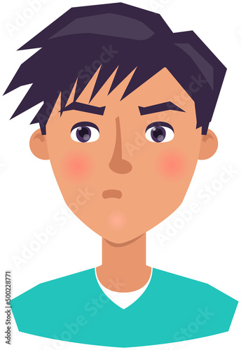 Negative person frowning face upset man. Guy with emotion of indignation, calmness. Displeased face of male character. Unhappy boy isolated on white background. Expressing human emotion, discontent