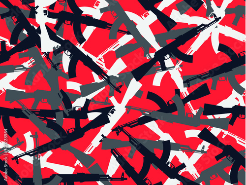 Camouflage endless vector pattern AK-47 assault rifle, 3/4 format. Vector camouflage from AK-47 for print, limitless. Red black shades