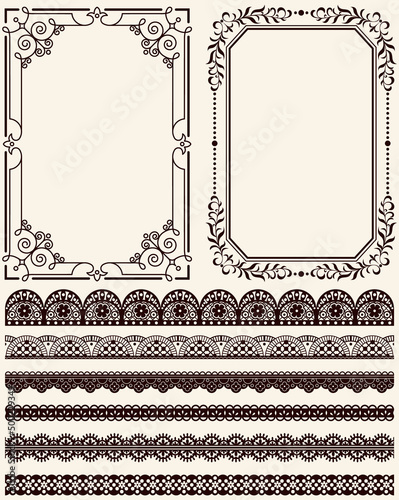 Set of wide lace ribbons and frames with ornament. Black design elements isolated in retro style. Pattern for creating vintage style, decor design. Lace decoration template, frameworks