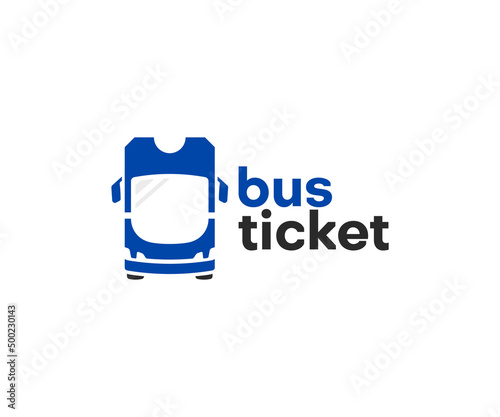 Bus ticket and bus front view logo design. Buying tickets online, transport service vector design. Public transportation ticket logotype