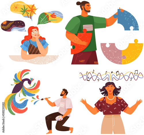 Mindset types set structural, analytical, logical and creative artistic personality predisposition, people with different thinking concept. Mind behavior, mental perceiving, psychological concept