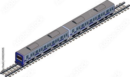 線路の上を走る立体的な青い電車のアイソメトリックイラスト.