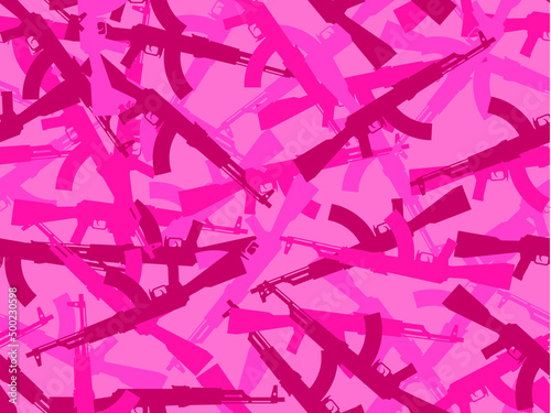 Camouflage endless vector pattern AK-47 assault rifle, 3/4 format. Vector camouflage from AK-47 for print, limitless. Pink shades