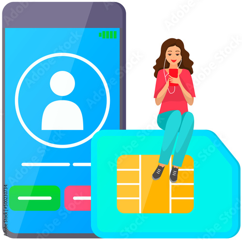Lady with headphones sitting on SIM card uses smartphone to call. Application for communication in phone vector illustration. Girl selects contact in mobile app. Display with call icons on screen