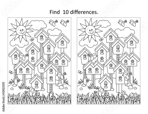 Find 10 differences visual puzzle and coloring page with birds, birdhouses, nestlings 