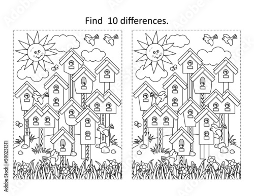 Find 10 differences visual puzzle and coloring page with birds, birdhouses, nestlings
