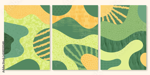Green abstract rice field top view with texture vector background. Nature pattern, eco illustration, countryside poster design. Collection of agriculture landscape, set of simplicity ecology poster