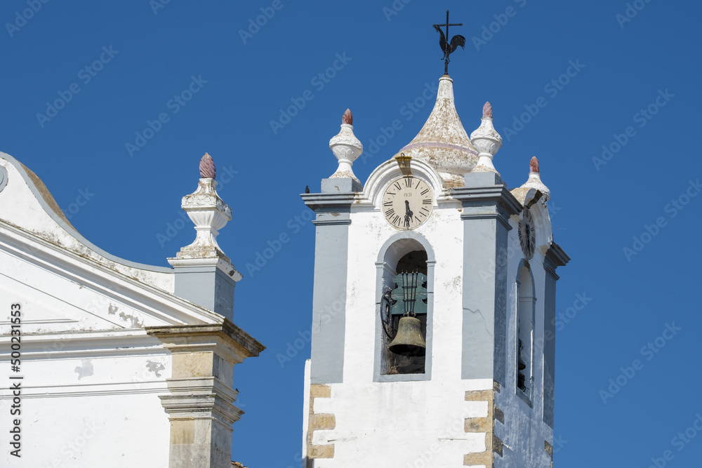 bell tower of Portuguese Church landmark Igreja de Sao Martinho de Estoi as known as Matriz de Estoi, Faro, Algarve, Portugal