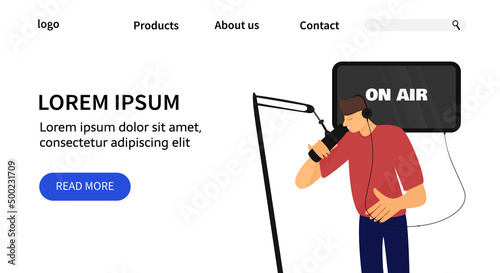 male radio host or podcaster is talking to a microphone. Live broadcast landing page template