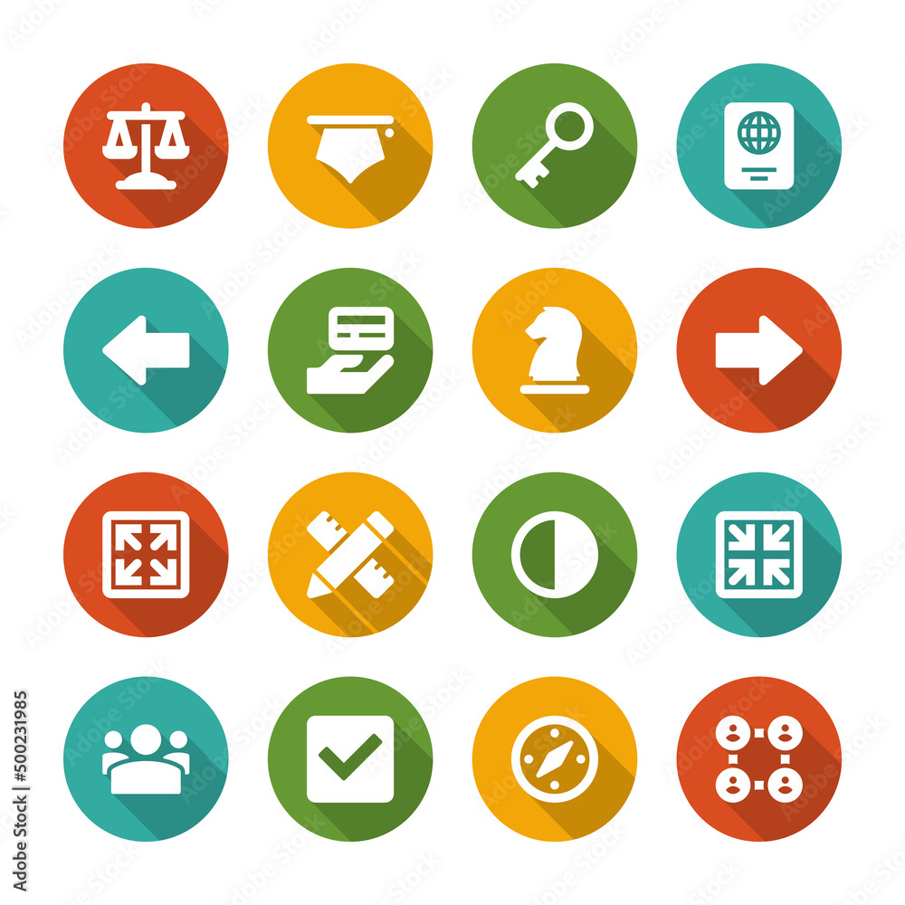 Flat icons vector set and long shadow effect for web site design, infographics, ui and mobile apps. Objects, business, office, communication and marketing items Flat icons vector set and long shadow effect for web site design, infographics, ui and mobile apps. Objects, business, office, communication and marketing items