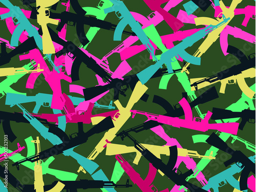 Camouflage endless vector pattern AK-47 assault rifle, 3:4 format. Vector camouflage from AK-47 for print, limitless. multicolor shades