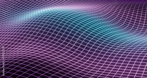 Sci-fi themed abstract background featuring glowing violet and teal wave/grid. 3d rendering.