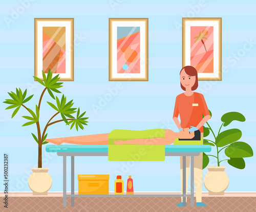 Masseur massaging face of female patient. Therapist gives massage to young woman lying on couch. Girl touches face of client and relaxes skin. Cosmetology procedures, healthcare in medical clinic