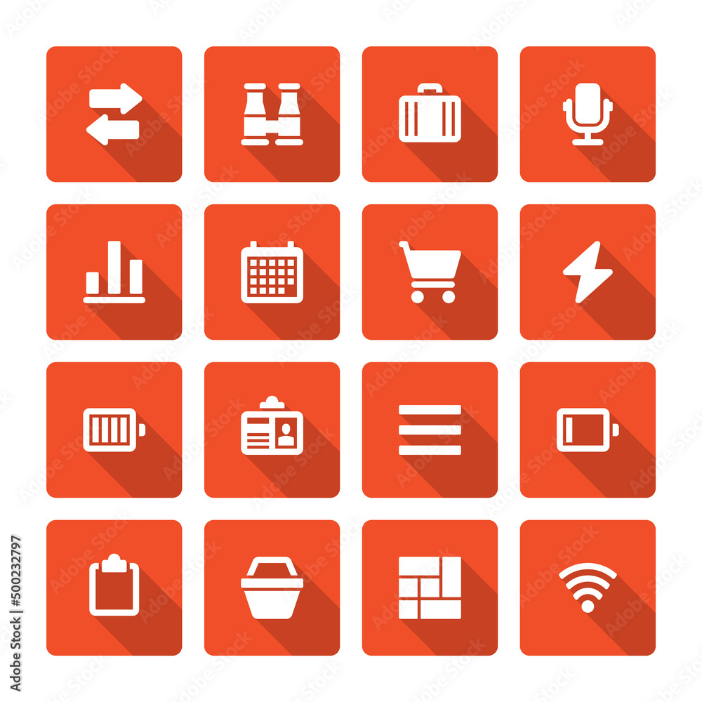 Flat icons vector set and long shadow effect for web design, infographics, ui and mobile apps. Objects, business, office, communication and marketing items Flat icons vector set and long shadow effect for web design, infographics, ui and mobile apps. Objects, business, office, communication and marketing items